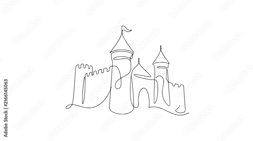 Fototapeta premium Minimalist continuous line drawing of a fairy tale castle isolated on white background