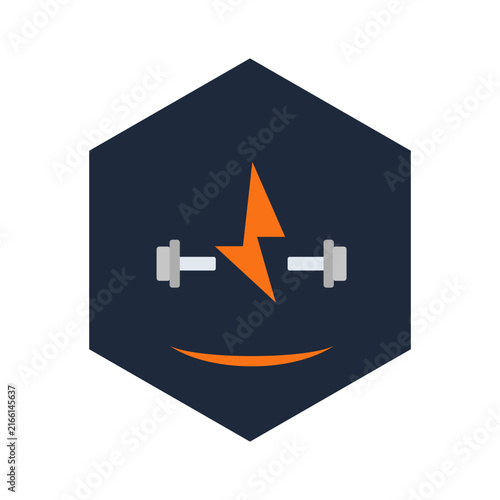 Foto Dynamic power gym badge with barbell and electric lightning bolt