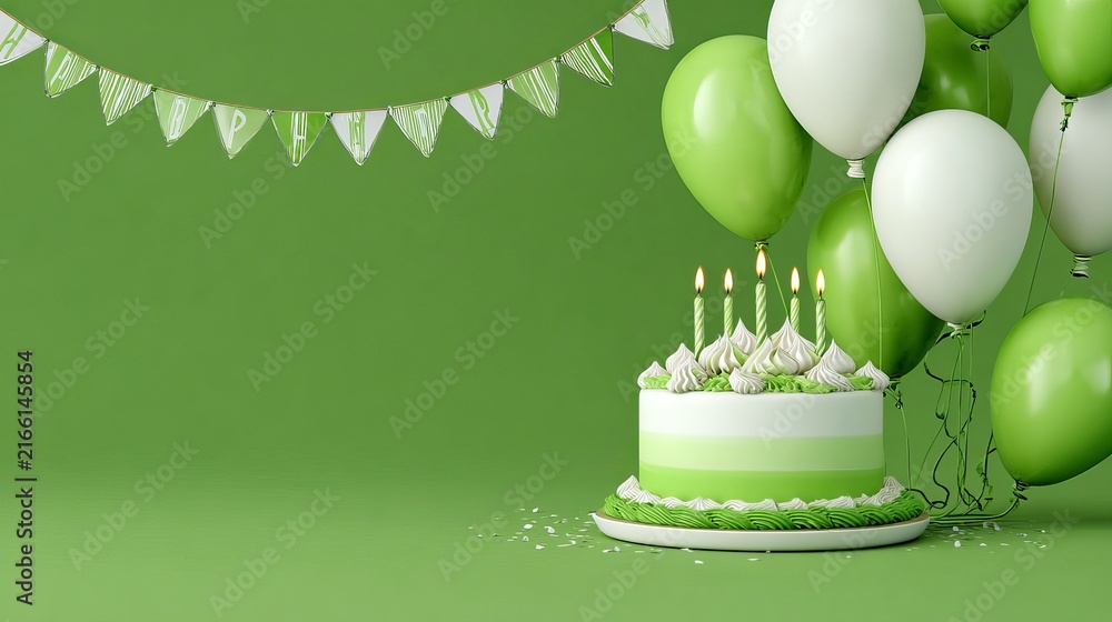 Obraz premium 3d green and white birthday cake with candles and balloons