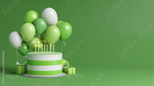 3d green and white birthday cake with candles and balloons