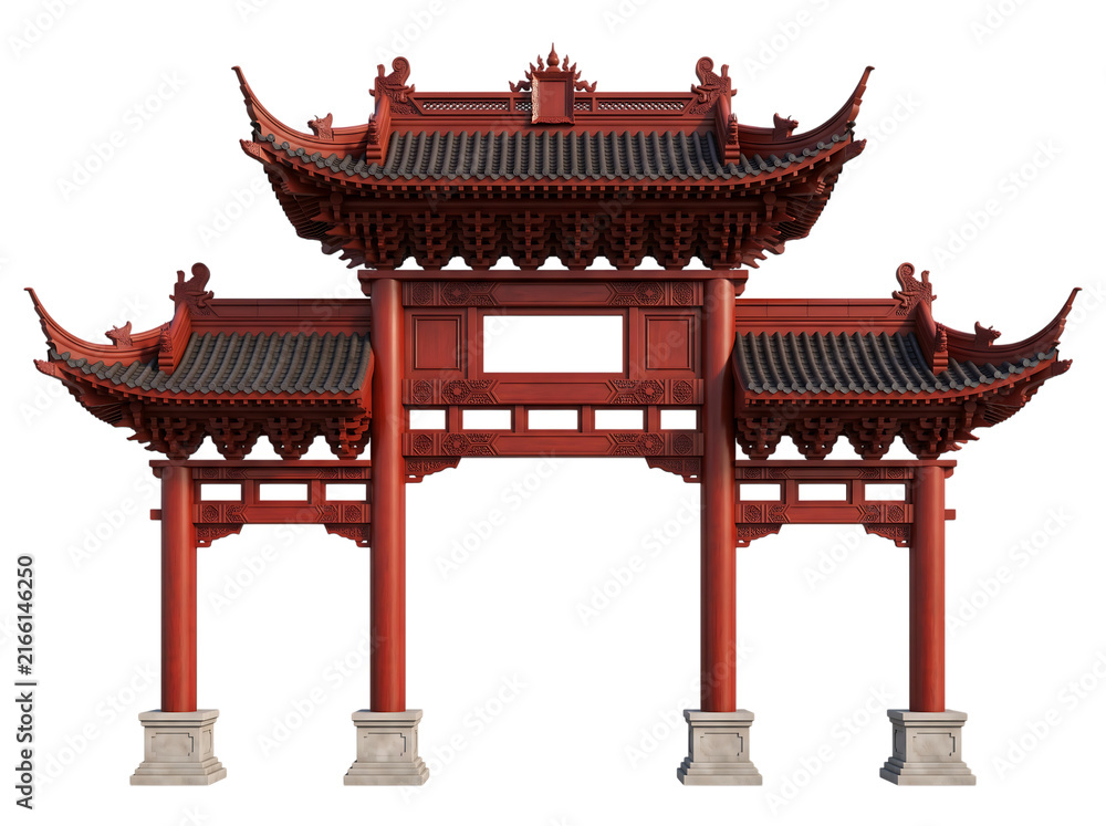 Fototapeta premium Traditional Chinese Temple Gate Architecture Isolated on Transparent Background