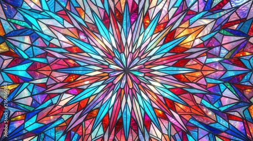 Kaleidoscopic Jewel-Tone Stained Glass Sunburst Background 16:9