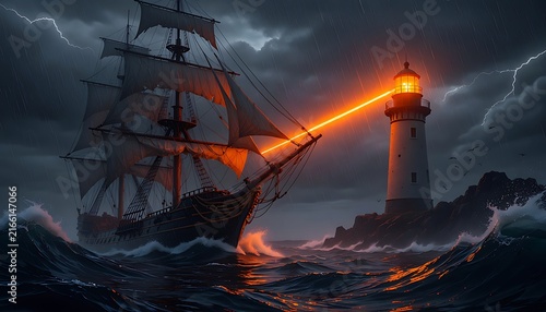 Dramatic vintage sailing ship in stormy sea, lighthouse beacon guiding wooden vessel through lightning and dark waves