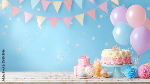Birthday party background with cake and decorations for celebration planning