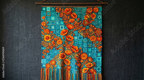 Handcrafted Hispanic folk art tapestry featuring vibrant orange floral embroidery over teal geometric weave for Hispanic Heritage Month wall decor.