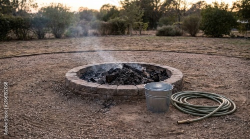 Extinguished Outdoor Fire Pit With Water Hose and Metal Bucket