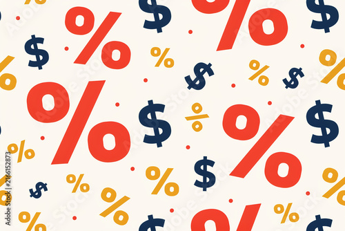 Vibrant and engaging seamless pattern showcasing large red percentage signs alongside prominent dark blue dollar symbols and an array of smaller yellow percent icons decorated with scattered red dots
