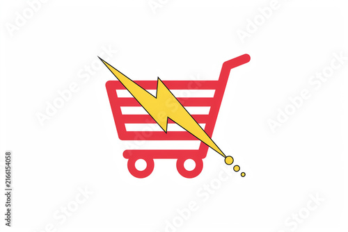 A red shopping cart icon with a yellow lightning bolt striking across it represents concepts of speed efficiency rapid transactions and quick service in digital e commerce platforms