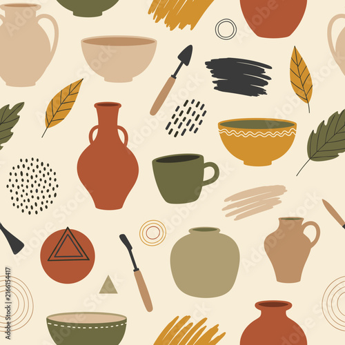Ceramic pottery and craft tools in a seamless earthy pattern