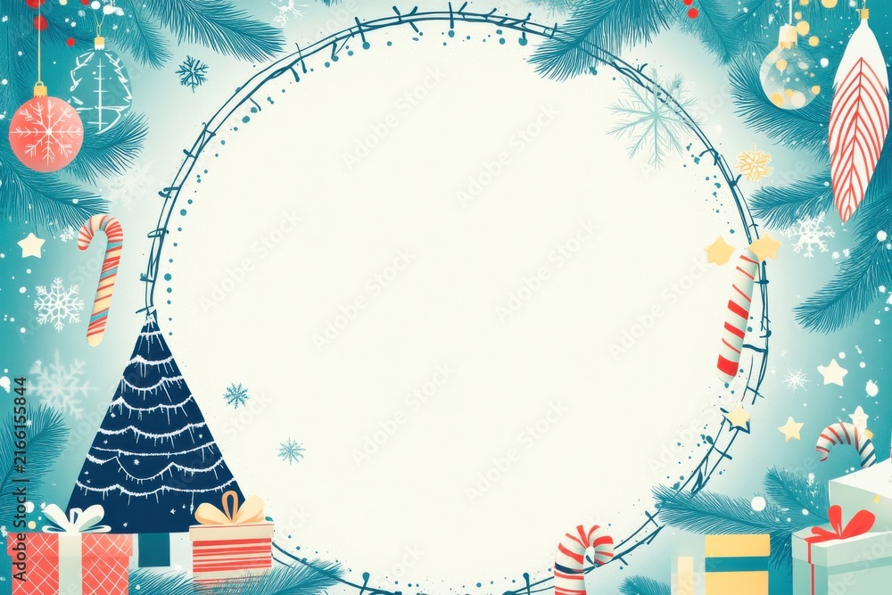 Obraz premium Christmas and new year circular frame with dreamcatcher design, holiday tree, and wrapped gift boxes