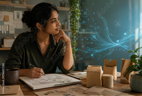 Woman designer sketching product ideas with digital network overlay