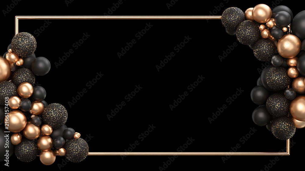 Naklejka premium Elegant gold frame with balloons and celebration decorations on black background 