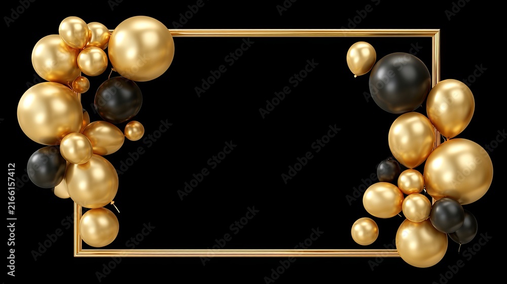 Naklejka premium Elegant gold frame with balloons and celebration decorations on black background 