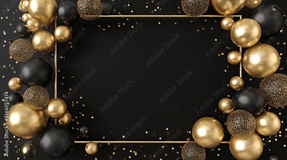 Naklejka premium Elegant gold frame with balloons and celebration decorations on black background 
