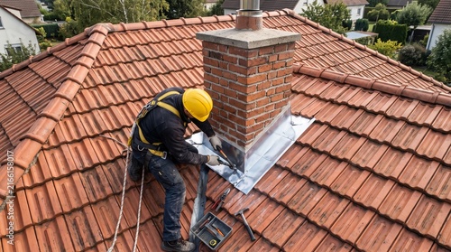 Professional roofer repairing chimney flashing on red tile roof, construction worker installing metal waterproofing, home renovation