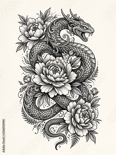 Snake and peony flower tattoo illustration, black and white ink drawing design