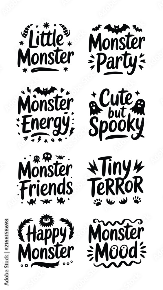 Fototapeta premium Set of cute halloween monster typography designs with decorative elements for holiday apparel and greeting cards