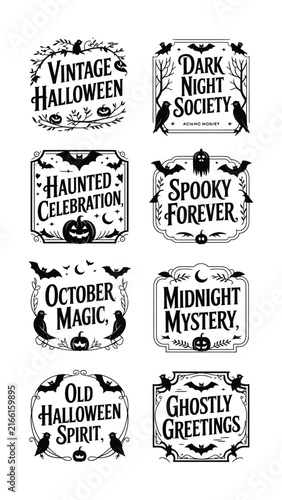 Set of vintage halloween badges and decorative emblems with spooky typography and graphic illustrations