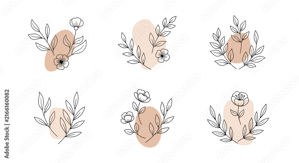 Obraz premium Minimalist botanical illustration featuring floral designs and abstract peach shapes