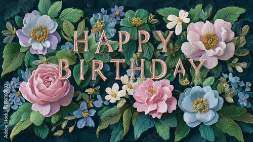 Happy birthday floral card with elegant flowers and festive design
