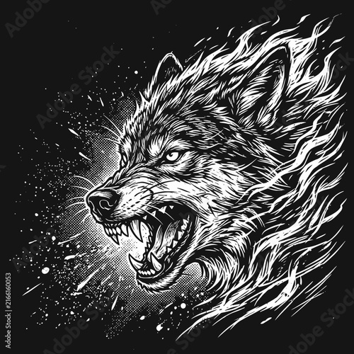 Stylized snarling wolf head illustration in black and white.