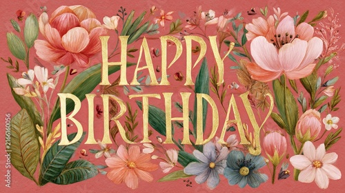 Happy birthday floral card with elegant flowers and festive design