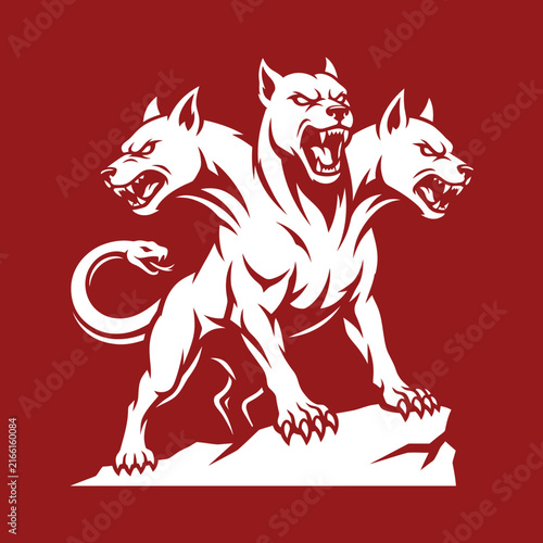 Three headed cerberus hellhound mythological beast illustration.