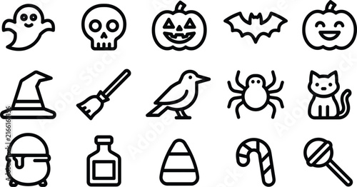 Foto Halloween line icon set with ghost skull pumpkins bat witch hat broom spider and
