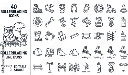 Rollerblading Sport Line Icons Set