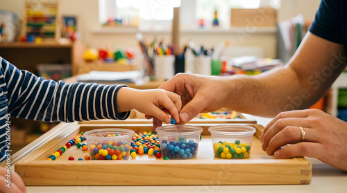Adult and child sorting colorful beads in a classroom for early childhood development