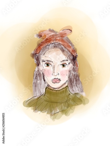 Hand drawn watercolor illustration of a young woman portrait wearing a green turtleneck sweater and headband on warm background