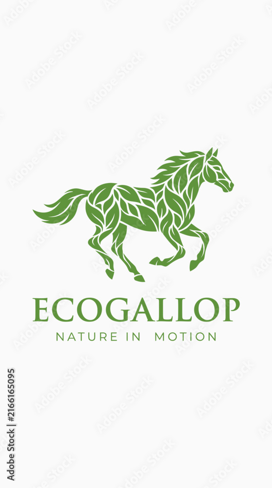 Fototapeta premium Running horse logo formed by green leaves.
