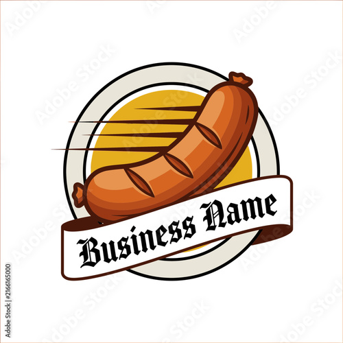 Grilled sausage hot dog logo with banner.