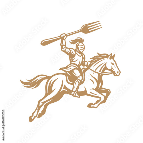 Medieval knight riding horse with fork for catering mascot.