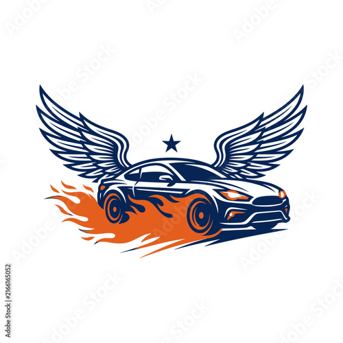 Fast sports car with wings and orange fire flames.