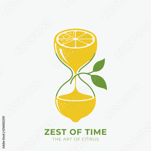 Lemon juice hourglass with green leaves.