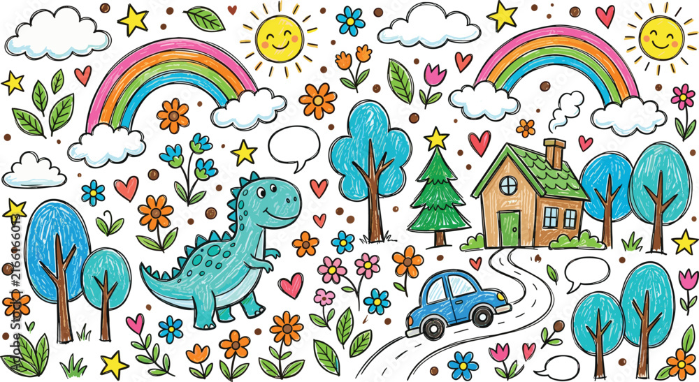 Fototapeta premium Cute Colored Pencil Crayon Doodle Pack with Dinosaur Rainbow House Car Trees Flowers and Smiling Sun Icons for Kids Creative Pattern Background Designs