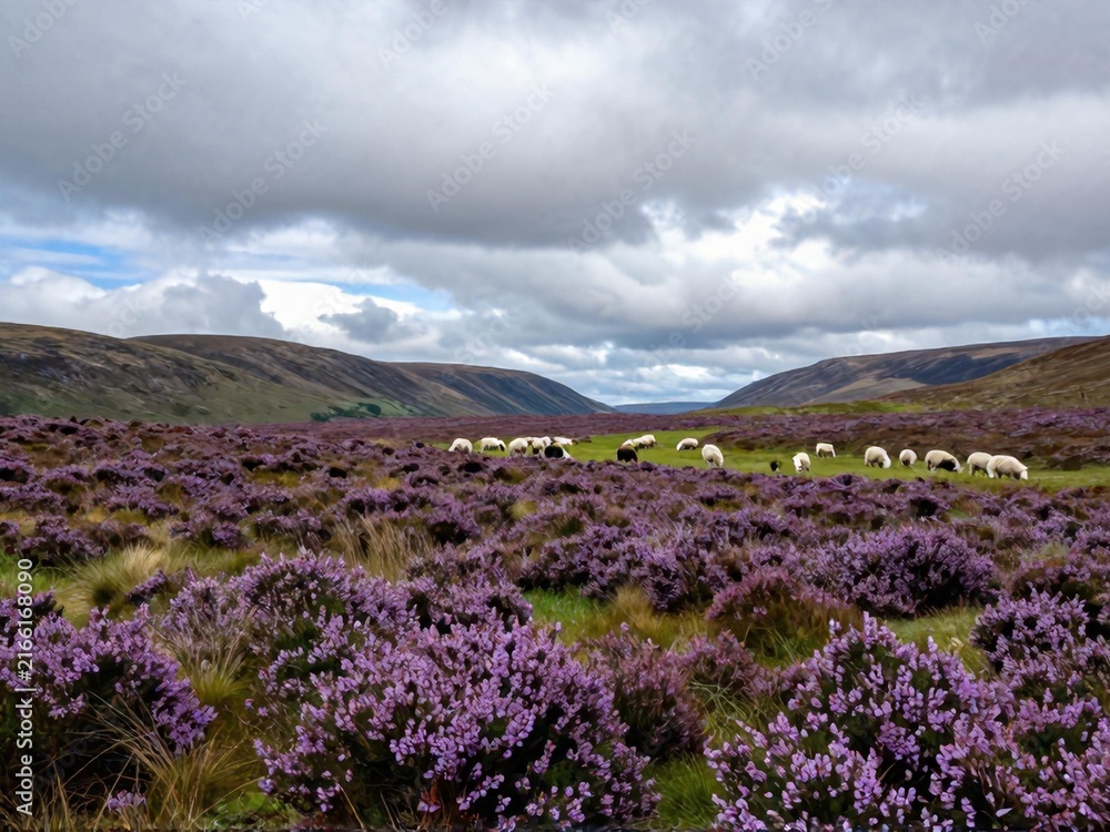 Fototapeta premium Wide moorland panorama highland sheep distant heather scottish highlands