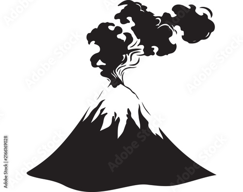 Erupting volcano vector illustration featuring bold black ink shapes and stylized smoke clouds created with a clean minimalist design aesthetic