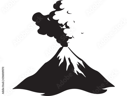 Erupting volcano vector illustration featuring thick billowing smoke clouds in a minimalist black and white graphic design style aesthetic