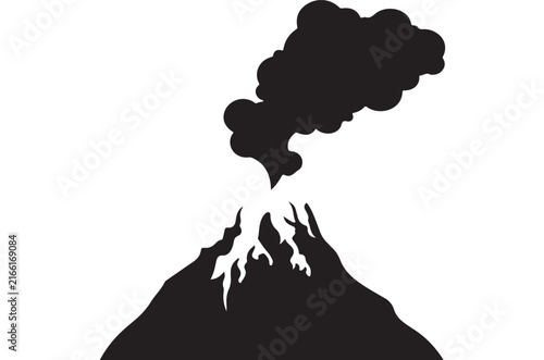 Erupting volcanic mountain vector illustration featuring stylized smoke plumes and sharp jagged edges in a clean minimalist black graphic design