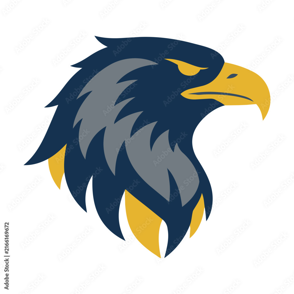 Fototapeta premium Majestic eagle head profile featuring sharp geometric shapes and aerodynamic feathers in navy and gold colors isolated on white. Bold animal emblem concept