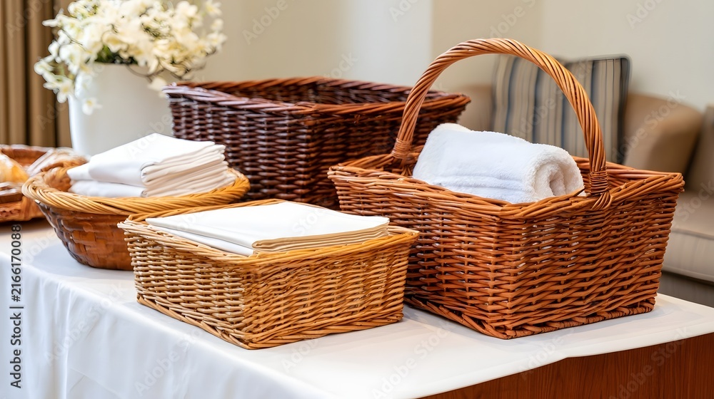 Obraz premium Wicker baskets holding neatly folded white towels on a white clothed table in a warmly lit room with floral decor