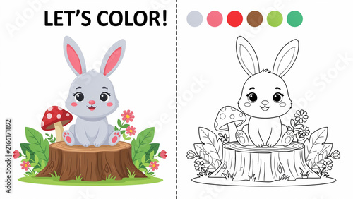 Colorful children's activity worksheet with bunny rabbit and carrot coloring pages surrounded by crayons and paint palette for kids art project