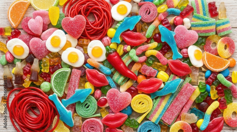 Fototapeta premium Colorful Assorted Gummy Candy Background with Variety of Sweets, Hearts, and Fruit Shapes for Dessert Lovers
