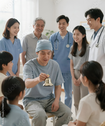 Cancer survivor ringing a hospital celebration bell surrounded by smiling family and medical staff, hopeful atmosphere, soft natural light and emotional healthcare photography