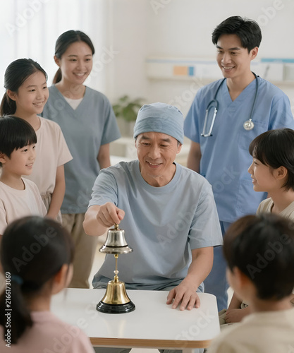 Cancer survivor ringing a hospital celebration bell surrounded by smiling family and medical staff, hopeful atmosphere, soft natural light and emotional healthcare photography