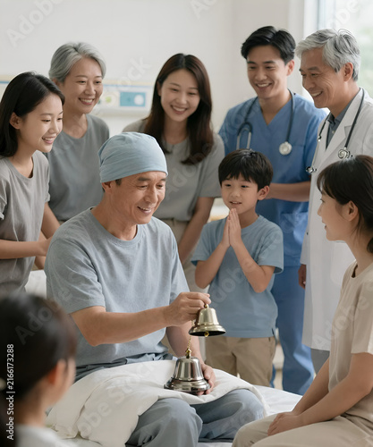 Cancer survivor ringing a hospital celebration bell surrounded by smiling family and medical staff, hopeful atmosphere, soft natural light and emotional healthcare photography
