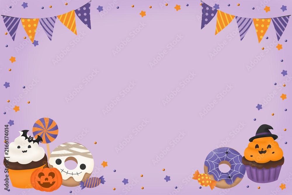 Fototapeta premium Cute purple Halloween background border featuring sweet treats like cupcakes, mummy donuts, lollipops, pumpkins, and festive flag bunting garland with blank center space.