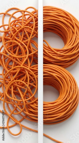 Orange cord comparison, one side tangled messy wires, other side neatly coiled. Plastic background shows chaos vs order, mess to neatness concept.
